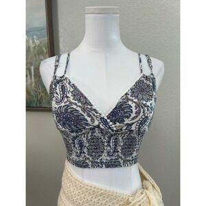American Eagle Blue Boho Paisley Floral Smocked Bralette Crop Festival Top Small